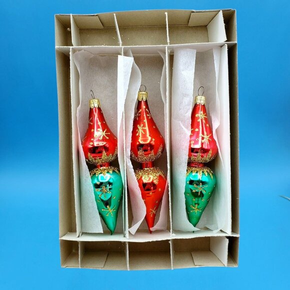 Vintage MCM Starburst Design Finial Glass Ornaments Red Green Gold 1990s 3pc 6" - Picture 10 of 10